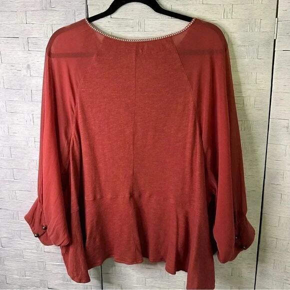 ANTHROPOLOGIE Womens V Neck sheer Sleeve blouse button cuff dusty Rose bohemian - Picture 2 of 9